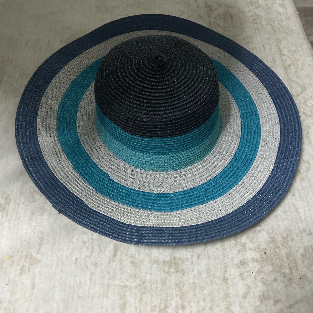 Striped Wide Brim Straw Sun Hat in Teal, Navy & Gray